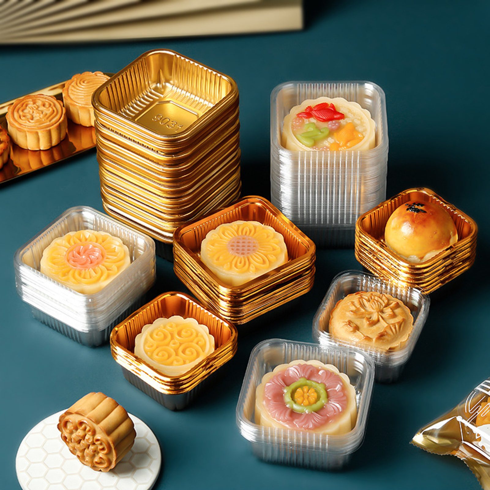 Anvazise 100Pcs Various Sizes Food Grade Moon Cake Trays Waterproof Thick Mooncake Packaging Box Container Holder Bakery Supplies Golden S